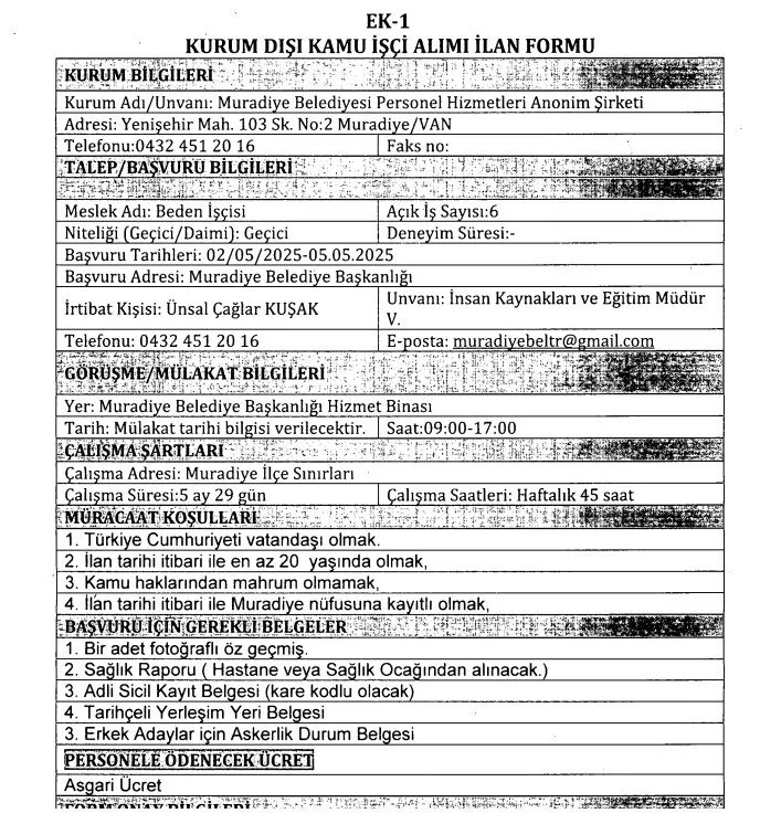 Van Muradiye Ilce Belediyesi Isci Personel Alimi 2